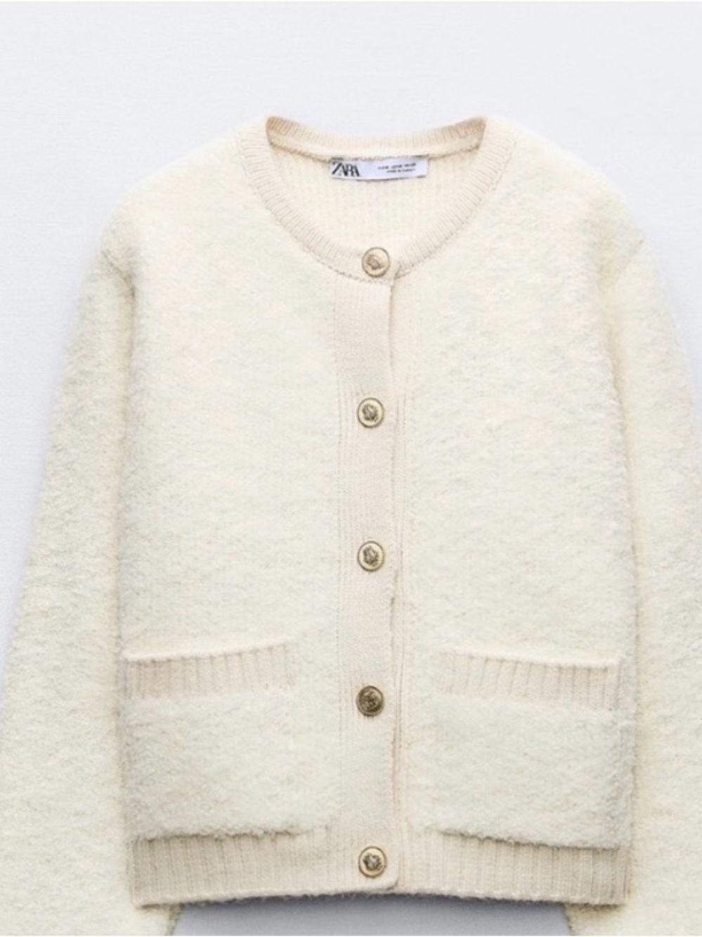 Zara Cream Button-Up Textured Knit Cardigan